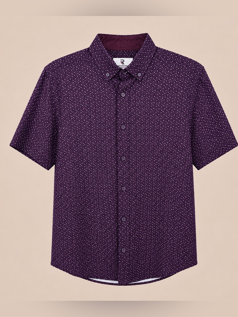 Men's Short-Sleeve Button-Down Shirt — Purple Microprint, modern silhouette.